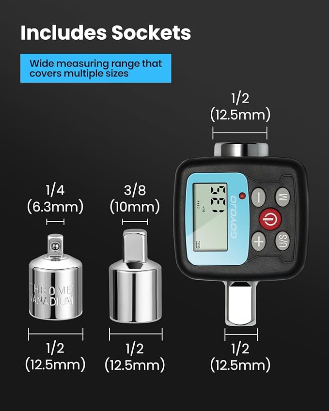 GOYOJO Digital Torque Wrench Adapter, 6-200Nm (4.4-147.5 ft-lb) Precision Torque Converter with LCD Display, 1/2", 1/4", 3/8" Adapters for Automotive Repairs, Power Tools, and Heavy-Duty DIY Projects