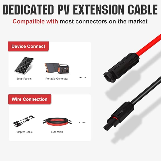 ECO-WORTHY 10FT 10AWG Solar Extension Cable 30A/1000V DC, IP67 Waterproof with Compatible Quick Connectors (Red+Black) for Solar Panels, Controllers, Off-Grid Systems