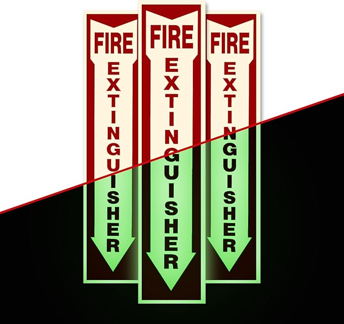Fire Extinguisher Sign for Home,business or boat with Mount and Sticker glow in the dark 3 Pack 4" X 18" Durable Self Adhesive, Waterproof and UV Protected