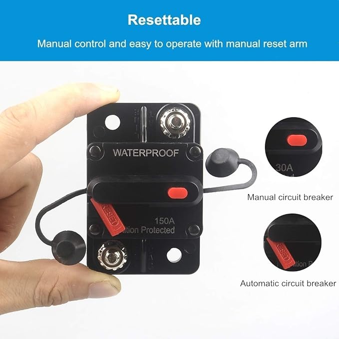 150 Amp Circuit Breaker with Manual Reset 12V-36V DC Waterproof Surface Mount for Car Audio Rv Marine Boat Truck Trolling Motors, 30-300A Car Speaker Resettable Fuse