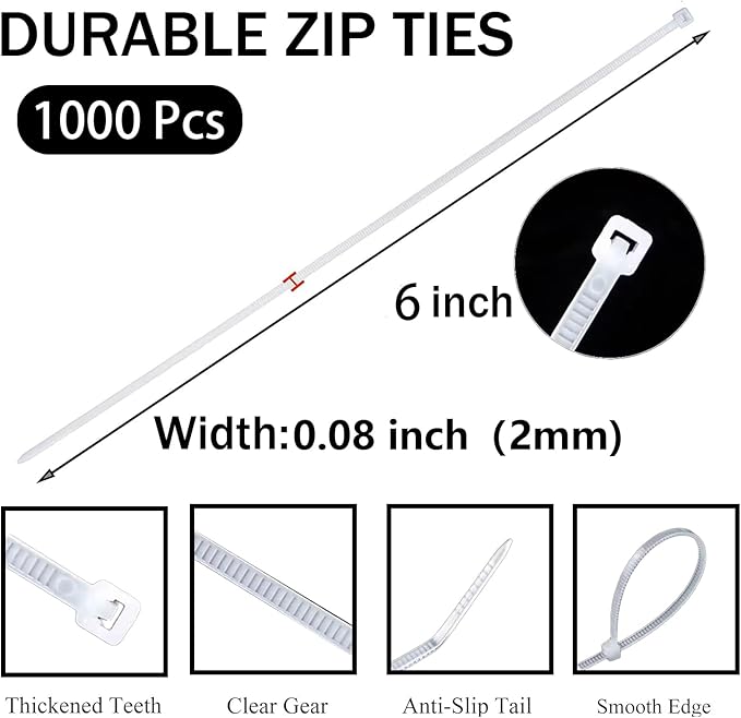 Magicorange Zip Ties 1000 Pack, 6 inch Cable Tie Self Locking Wire Cable Zip Nylon Zip Tie (White)