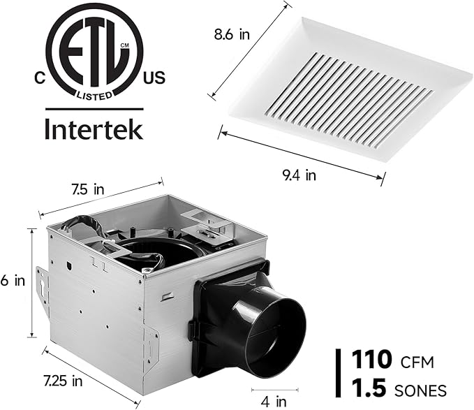 Tech Drive Bathroom Exhaust Fan 110 CFM, 1.5 Sone, 4-Inch Duct,No Attic Access Needed,Very Quiet Ventilation Fan, Easy to Install Ceiling Mounted, White, ETL Certified