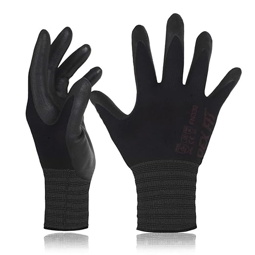DEX FIT Nitrile Work Gloves FN330, 12 Pairs, 3D-Comfort Stretchy Fit, Firm Grip, Thin & Lightweight, Touch-Screen Compatible, Durable, Breathable & Cool, Machine Washable; Black XL (10)