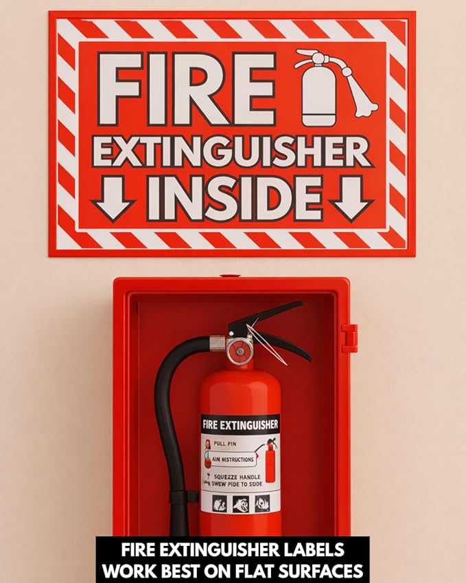 Fire Extinguisher Sign Premium Quality Vinyl Labels, 2 Designs 4 Pack, UV Resistant, Waterproof, Weatherproof, Fire Extinguisher Inside Sticker Signs Sizes 4 x 12 in & 6 x 8 in for Fire Extinguishers.