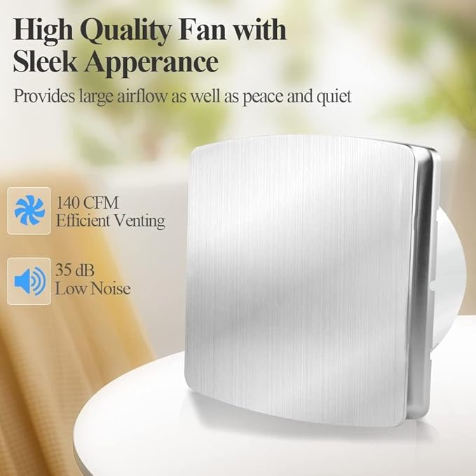 WiseWater Bathroom Exhaust Fan, 110V ac 140CFM 6” Duct 7.6" Panel Extractor Fan, Ceiling&Wall Mounted Ventilation Fan for Bathroom, Laundry Room, Office
