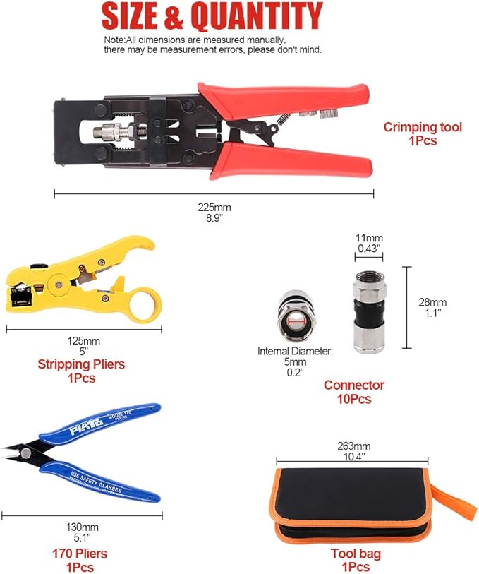Hilitchi Coax Cable Crimper with Instruction Manual Multifunctional Compression Connector Adjustable Coaxial Crimping Stripping Tool and Micro Cutter with 10Pcs F Compression Connectors Black RG6