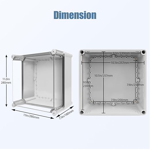 LeMotech Junction Box IP67 Waterproof Dustproof Electrical Box Project Box DIY Enclosure Gray with Transparent Clear Cover, External Size 11x11x7.1in (280x280x180mm)