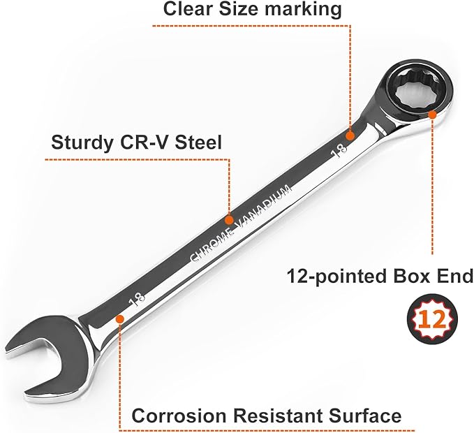 Egofine 18mm Ratcheting Combination Wrench Metric, Industrial Grade Gear Spanner with 12-Point Design, 72-Tooth Ratchet, Chrome Vanadium Steel