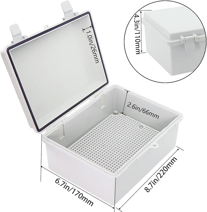 Junction Box, Hinged Cover IP67 Waterproof ABS Project Box with 2 NPT 1/2" Cable Gland, Electrical Box Enclosure with Mounting Plate & Wall Bracket 8.7 x 6.7 x 4.3inch(220x170x110mm)