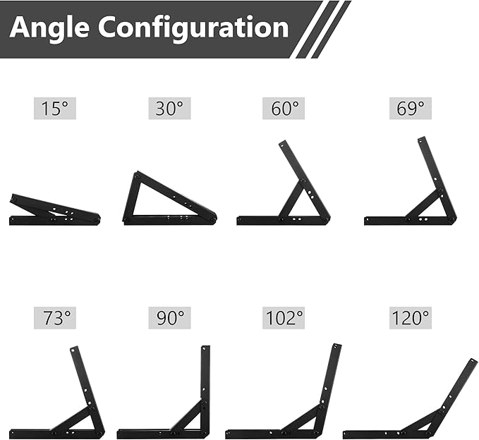 Heavy Duty Adjustable Angle Bracket (2 pc) for Wall Mount, Roof Mount, Foldable Hinge Bracket, Truss and Frame for Solar Panel Stand, Awning Roof, Commercial Sign, Table Shelf Support.