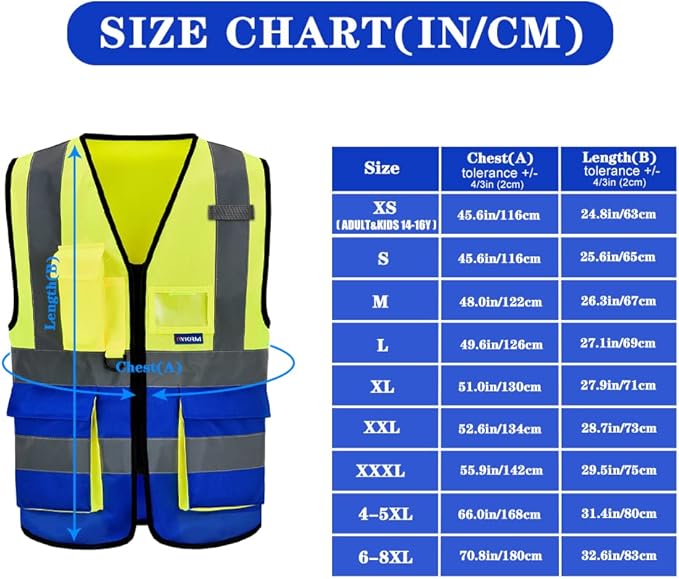 SMALL High Visibility REFLECTIVE Safety Vest Yellow Blue with 4 Reflective Strips 7 Pockets