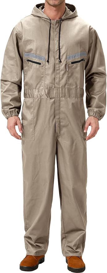 Mens Work Coveralls Mechanic Hooded Overall Workwear Jumpsuits Long Sleeve Hi Viz Coverall with Zippers