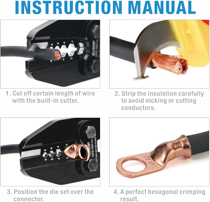 iCrimp Heavy Duty Copper Lug Crimping Tool, for AWG 8,6,4,2,1 Gauge Battery Cable Ring Terminal Ends with Built-in Cable Cutter