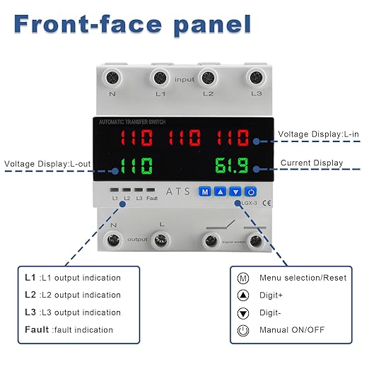 4P Automatic Transfer Switch with LCD Display, 63A Triple Power ATS with 5 Display for Real-Time Voltage & Current Monitoring (Input/Output), Automatic Changeover for Utility/Generator/Solar