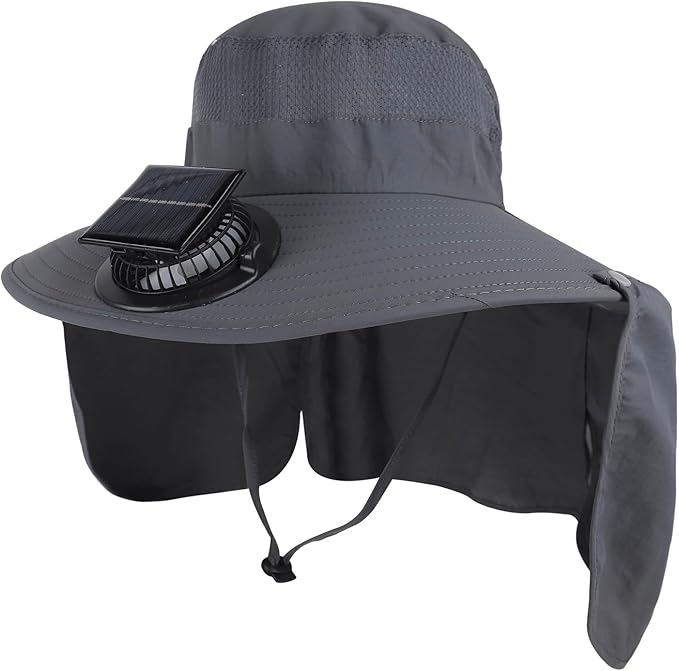 Extra Wide Brim Solar Fan Hat, Mens Fishing Hat with Fan, Neck Flap Sun Hat, UPF 50+ Solar Powered Cooling Cap Fisherman Hats