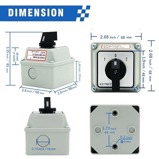 KEYMOO 20A Rotary Changeover Switch, 3 Position 2 Phase 8 Terminals, ON-Off-ON Universal Selector Switch,CE 20/D202.2D (Switch & Exterior Box)