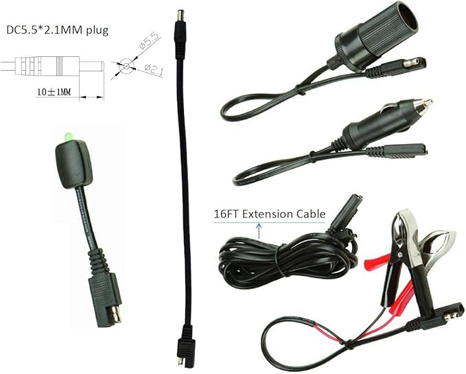 Sunway Solar 16FT Battery Charger Extension Cable Adapter SAE Connectors Quick Connect with Battery Clamps For 12V Trickle Charger And Maintainer, 12Volt Solar Panel Power System Kit