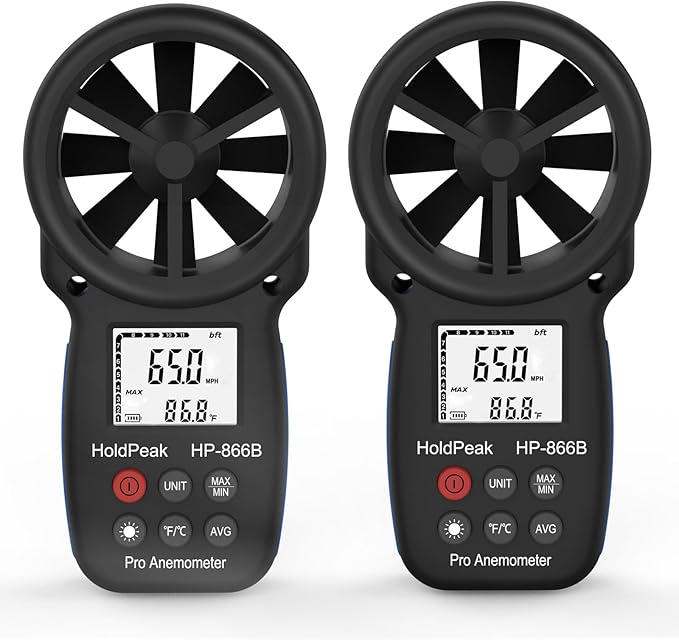 [2 PCS] HoldPeak 866B Handheld Anemometer, Digital Wind Speed Gauge Meter, Air Flow Velocity Temperature CFM Measuring Device for HVAC Outdoor Sailing Shooting Golf