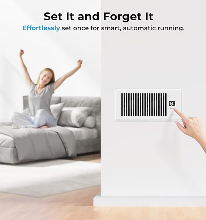 VELLEE Quiet Register Booster Fan Fits 4" x 10" (DUCT OPENING CUTOUT), 10-Speed Smart Heating Cooling AC Vent Booster Fan w/Remote Control & Thermostat Control (Vertical Grille - White) - Corded