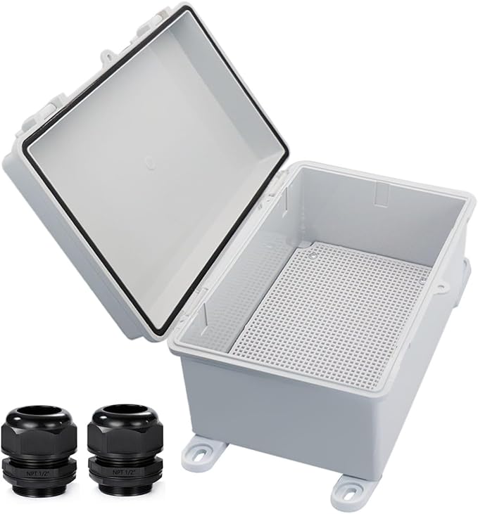 Waterproof Outdoor Electrical Box Junction Box Weatherproof IP67 ABS Plastic Enclosure Switch Router Project Box with Mounting Plate with Wall Bracket 2 Cable Glands Grey 11.4"x7.5"x5.5"
