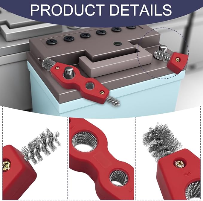 Car Battery Terminal Cleaning Brush, 4 in 1 Auto Battery Terminal Cleaning Tools, Copper Pipes Cleaner Brush Tool, Universal Battery Terminals Machine Parts Cleaning Tool (Red, 1PCS)