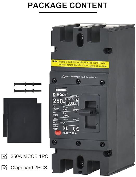 DIHOOL 250 Amp DC Circuit Breaker,2P 1000V 20kA Breaking Capacity Battery Disconnect Switch with Thermal Magnetic Trip for Solar, UPS, Battery