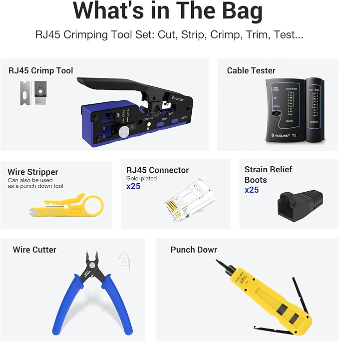 VCELINK RJ45 Crimp Tool Kit for CAT7/6A/6/5E/5, Upgraded Network Tool Set with an Ethernet Crimper, Cable Tester, 25 RJ45 Ends & Boots, Cable Tester, Wire Stripper and Keystone Puncher in a Cloth Bag