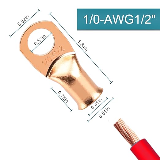 8 PCS Battery Terminal Connectors, Battery Cable Ends Lugs, 1/0 Gauge Wire Connectors, 1/0 AWG 1/2" Stud Ring Terminals, Copper Wire Lugs with Heat Shrink Tubing.