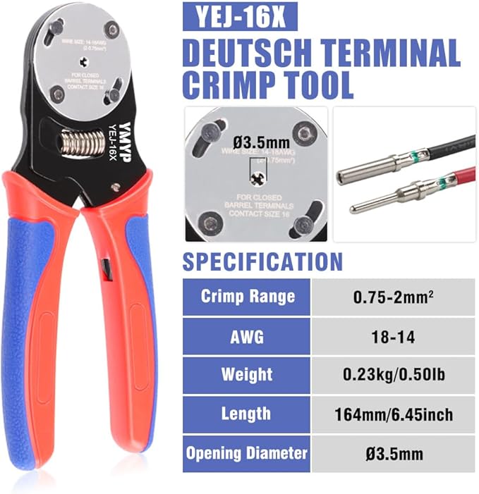 Deutsch Closed Barrel Crimper Size 16,4 Way Indent,8 Impression Type for Deutsch Solid Contacts Gage 18-14 AWG(YEJ-16X)