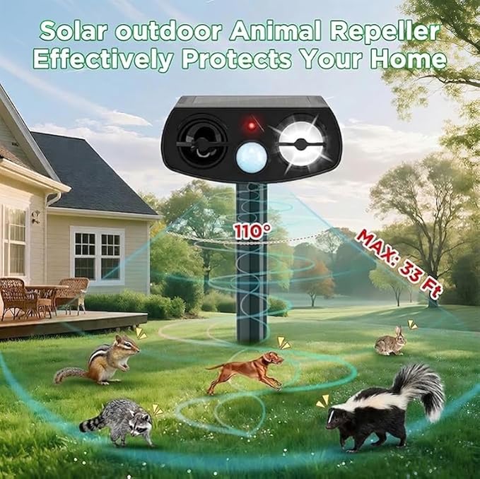Solar Animal Repeller Outdoor, Motion Activated Ultrasonic Pest Deterrent with LED Light, Waterproof Repellent for Yard Garden, Raccoon Squirrel Rabbit Cat Dog, 2 Pack