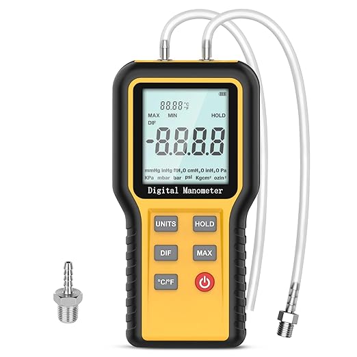 Digital Manometer Gas Pressure Tester with ±0.3% FSO Resolution, Differential Pressure Gauge with 12 Optional Units, Portable Air Pressure Gauge with LCD Backlight.