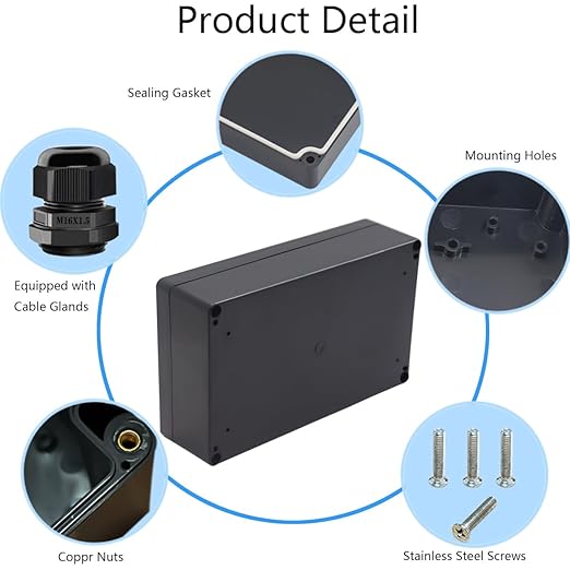Junction Box IP65 Waterproof ABS Plastic Electrical Project Case Power Junction Boxes, Project Box with 4 PCS M16 Cable Glands 7.87x4.72x2.2 inch (200 x 120 x56 mm)