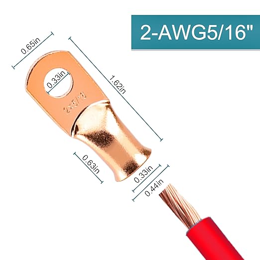 10 PCS Battery Terminal Connectors, Battery Cable Ends Lugs, 2 Gauge Wire Connectors, 2 AWG 5/16" Stud Ring Terminals, Copper Wire Lugs with Heat Shrink Tubing.