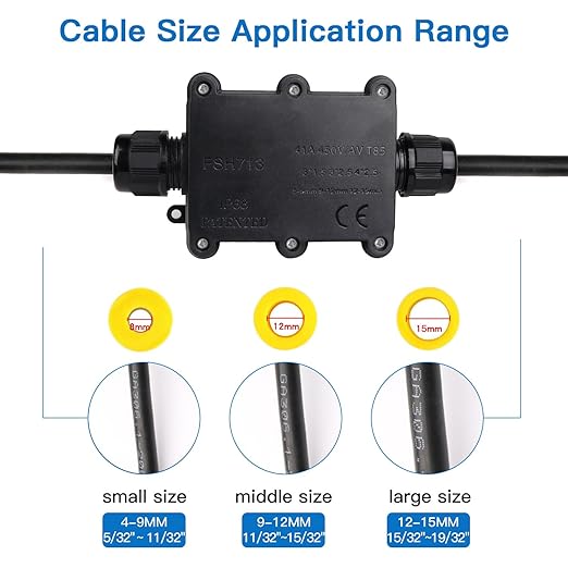 Helunsi Waterproof IP68 External Junction Box, 2 Way Outdoor Junction Box, Underground Plug Line Coaxial Cable Connector Wire Range 5 to 15mm Electrical Power Cord Weatherproof Junction Boxes - Black