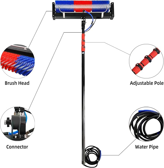 Solar Panel Cleaning Roller Brush, 24FT Adjustable Window Cleaning Brush and Pole, Automatic Solar Panel Brush, Rotating Cleaning Brush, Wash Brush with Lithium Battery and Power Converter