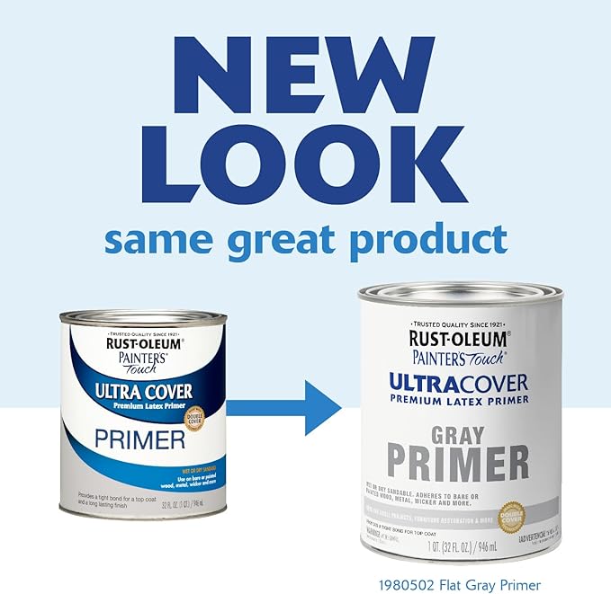 Rust-Oleum Brush On Acrylic Paint 1980502 Painters Touch Quart Latex, Flat Gray Primer, 1 (Pack of 1), 32 Fl Oz