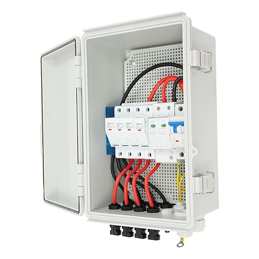 4 String Solar Combiner Box PV Combiner Box with 10A Rated Current Fuse, Surge Protective Device and 63A Air Circuit Breaker for On/Off Grid Solar Panel System (4 String)