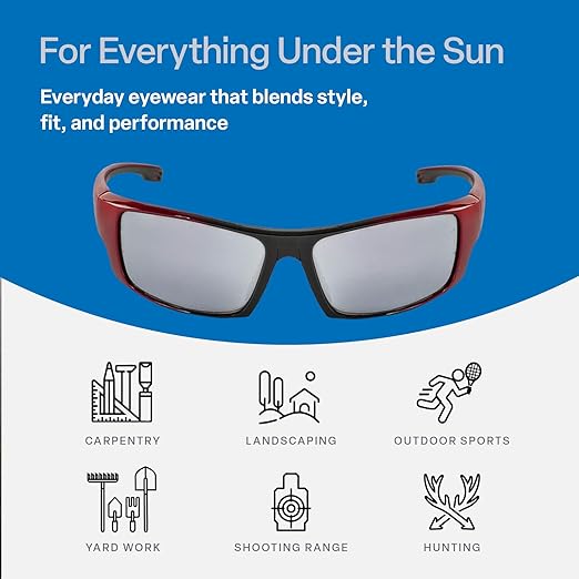 Bullhead Safety Eyewear Dorado Glasses - Lightweight, Impact/Scratch Resistant, UV Blocking Sunglasses for Hunting/Shooting, Outdoor Sports, Construction, Silver Mirror & Red/Black