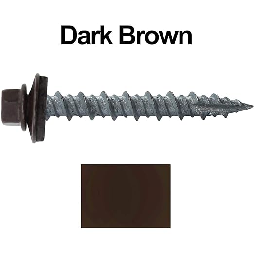Metal ROOFING SCREWS: (250) 10 x 1-1/2" Dark Brown Hex Head Sheet Metal Roof Screw. Self starting metal to wood siding screws. EPDM washer. Colored head