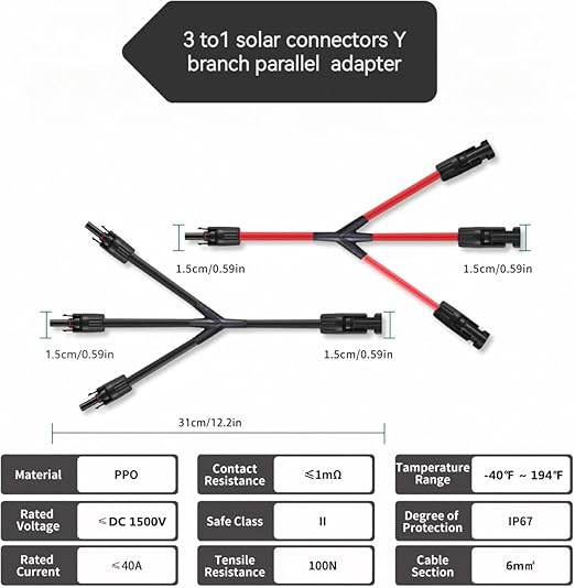 Solar Y Branch Connectors, 1500V DC, 30A, PPO Material, 3-to-1 Parallel Adapter for Solar Panels, 1 Pair(M/FFF+F/MMM, Y-Branch)