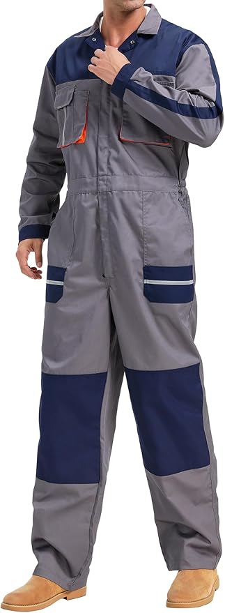 Men's Work Coveralls Multi Pockets Garage Work Jumpsuit Zip Coverall One Piece Workwear Mechanic Overalls