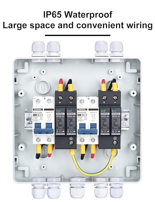 DIHOOL Solar Disconnect Switch with PV Surge Protector IP65 PV Combiner Box, 2 in 2 Out 40 Amp DC500V