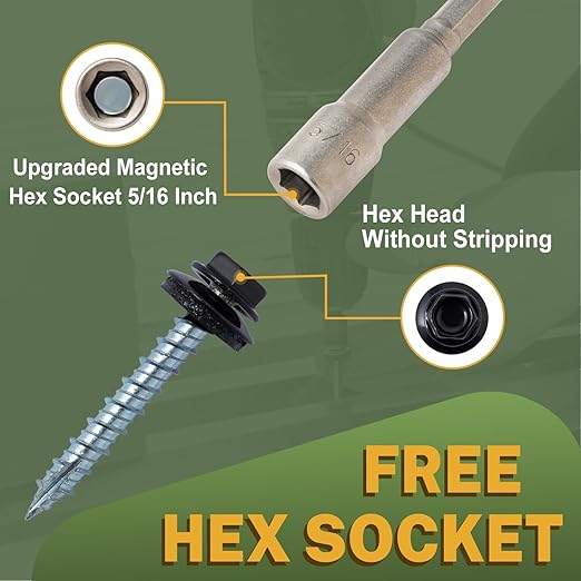 LIONMAX Metal Roofing Screws #10 × 2 Inch, 300-PCS, Black Painted Hex Head Sheet Metal Roof Screws, Rubber Washer, Sharp Point, Metal to Wood Siding Screws, Hex Socket Included