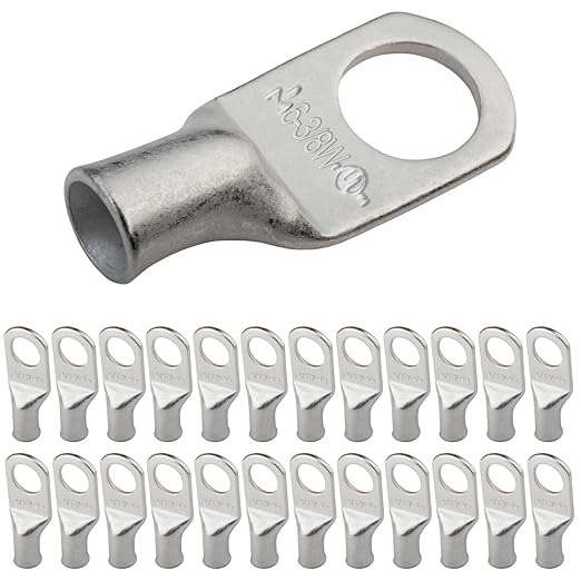 SELTERM 25pcs 6 AWG 3/8" Stud Marine Grade Tinned Copper Battery Cable Lugs, 6 Gauge Ring Terminals, UL Wire Lugs Electrical Battery Cable Ends, Tinned Copper Lugs Battery Terminal Connectors