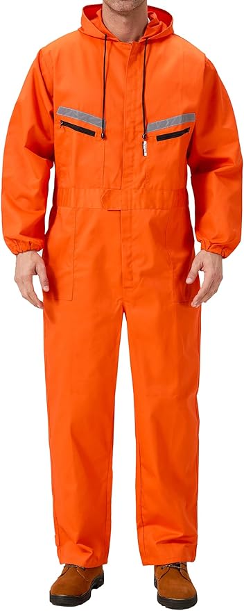 Mens Work Coveralls Mechanic Hooded Overall Workwear Jumpsuits Long Sleeve Hi Viz Coverall with Zippers