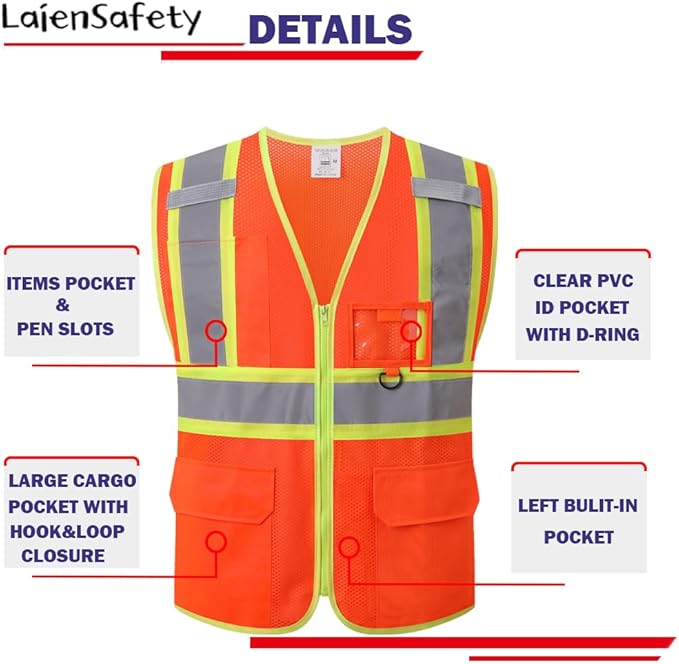 Safety Vest for Men Women,Hi Vis Construction Mesh Class 2 High Visibility Reflective Vest with Pockets,Meets ANSI/ISEA Standards(EK1-178-Orange-M)