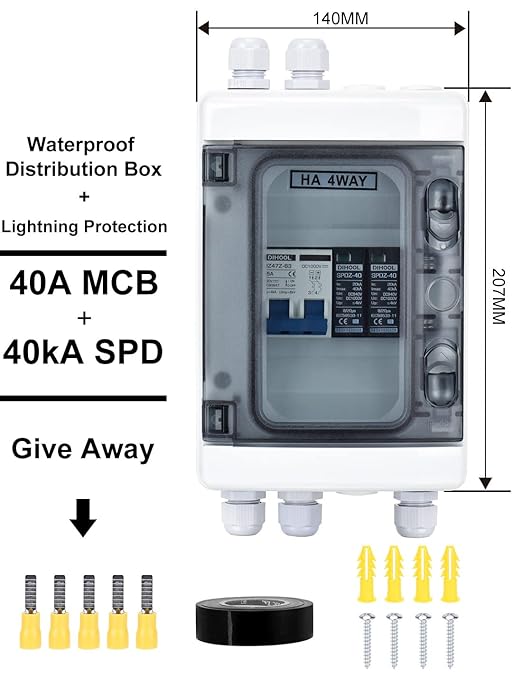 DIHOOL Solar Panel Disconnect Switch with PV Surge Protector, RV Breaker Box, 40 Amp DC1000V PV Combiner Box IP65