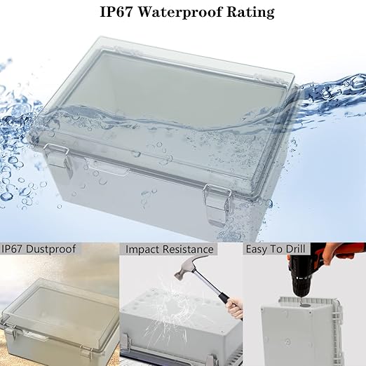 Zulkit Junction Box ABS Plastic Dustproof Waterproof IP67 Electrical Boxes Hinged Shell Outdoor Universal Project Enclosure Grey Clear Cover, Stainless Steel Buckles 11.4 x7.5 x 5.5 Inch