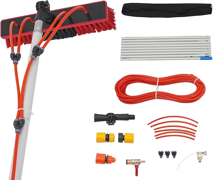 Solar Panel Cleaning Brush & Squeegee Kit, 29.53ft Long Reach Extendable Water Fed Pole Kit, Water Fed Window Cleaner Tool with 14" Brush, for Window Outdoor Roof Cleaner Kit (29.53FT Long)
