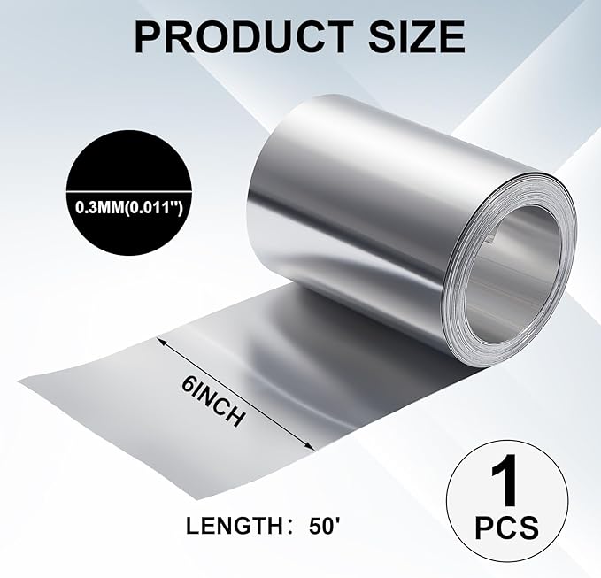 Ripeng 50 Feet 6'' x 50' x 0.011'' Aluminum Flashing Roll Roof Flashing for Roof and Garden Preventing Roofing Stains Strip for Moss and Mildew Prevention (1 Roll)